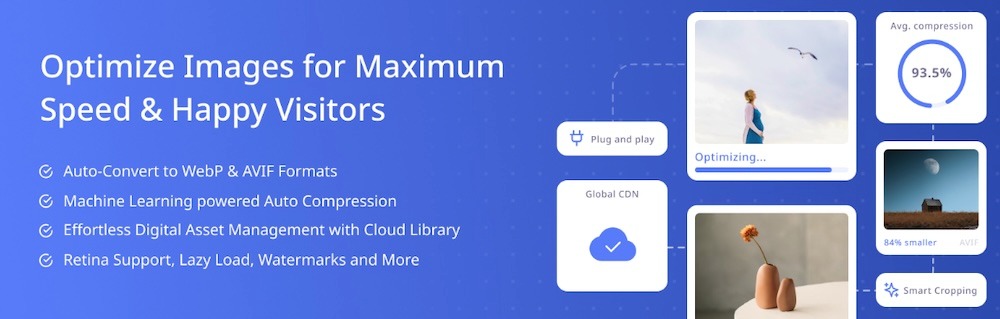 Optimole plugin page with the text "optimize images for maximum speed and happy visitors"