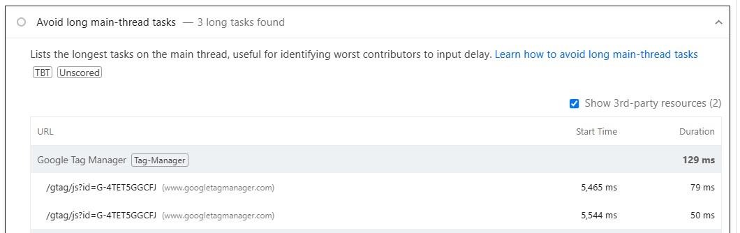"avoid long main-thread tasks" note from Google lighthouse