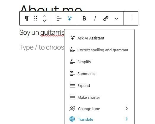 option to translate using Jetpack AI Assistant