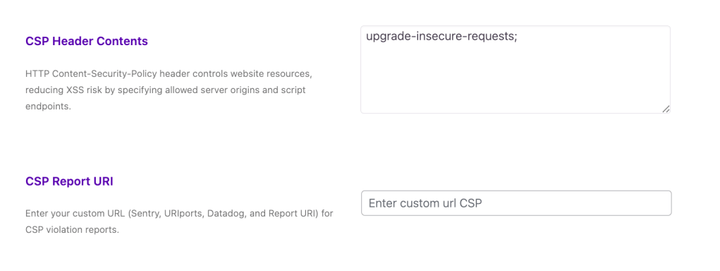 CSP header content and report URI settings 