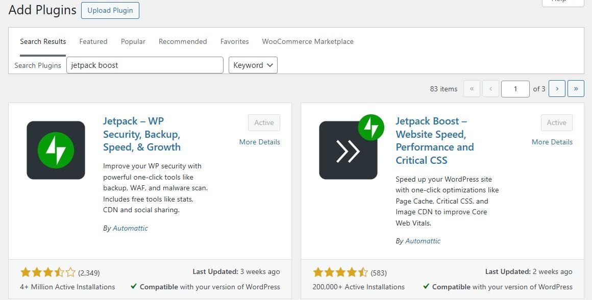 WordPress plugin library showing the Jetpack and Jetpack Boost plugins