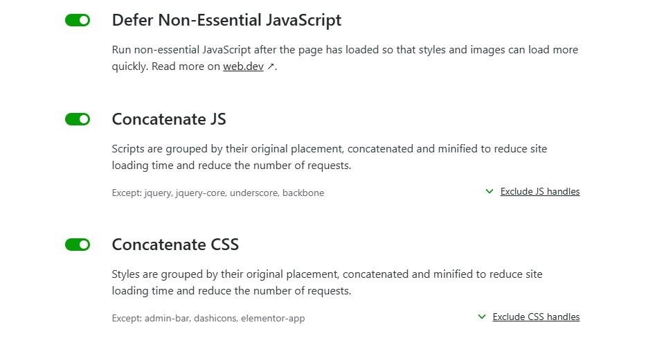 toggle options for Jetpack Boost settings