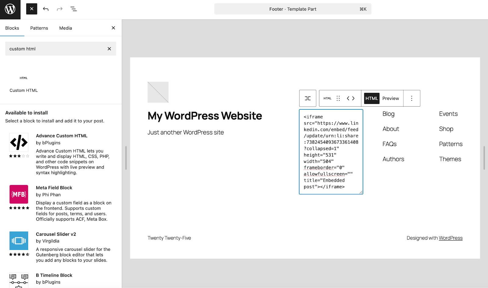 adding a LinkedIn feed to the footer template