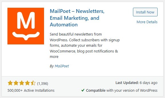 MailPoet listing in the WordPress plugin repository