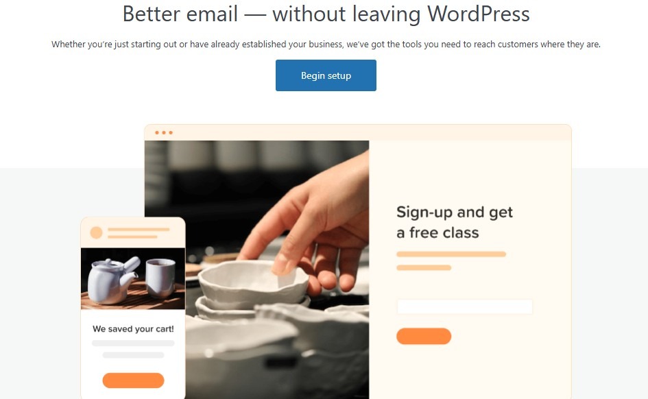 MailPoet page with the text "better email without leaving WordPress"