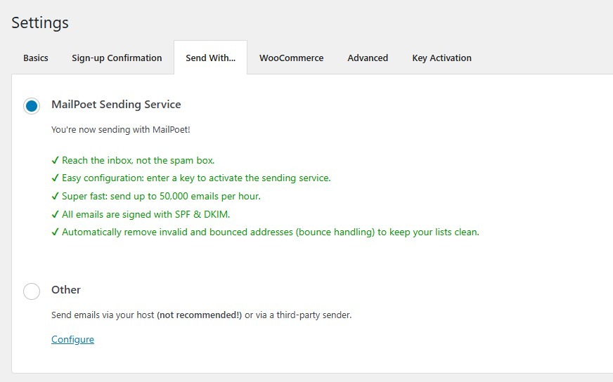 MailPoet sending service settings