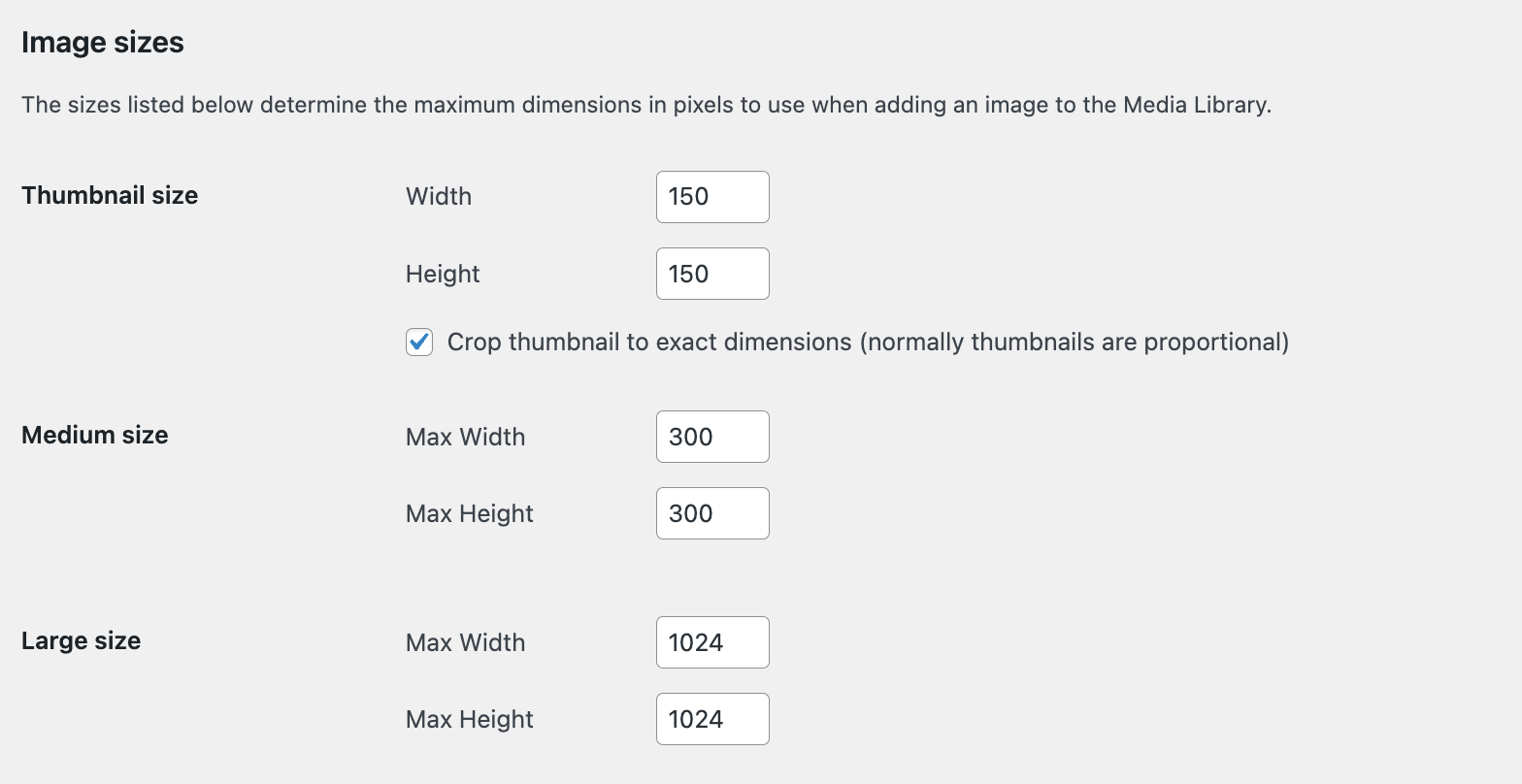 WordPress image size settings