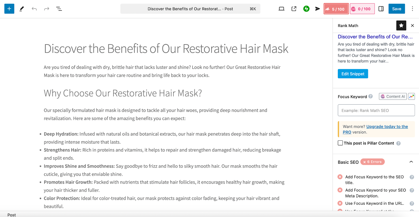 setting a focus keyword with RankMath