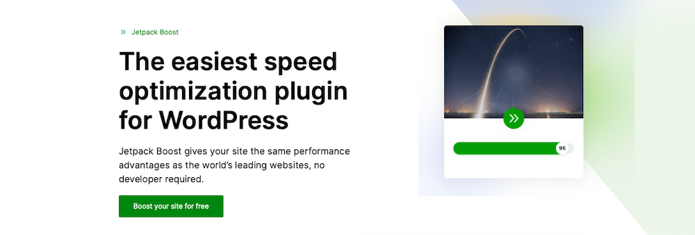página de Jetpack Boost con el texto «el plugin de optimización de velocidad más fácil para WordPress»