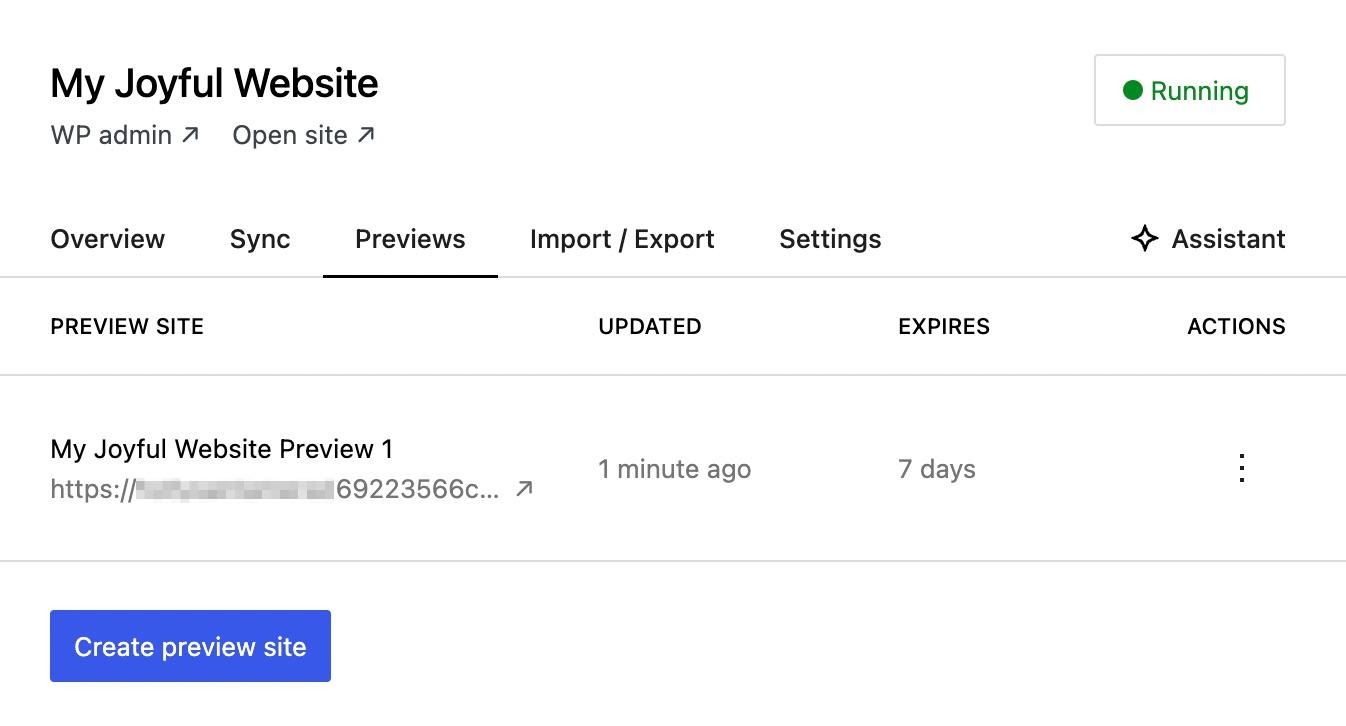 list of preview sites in WordPress Studio