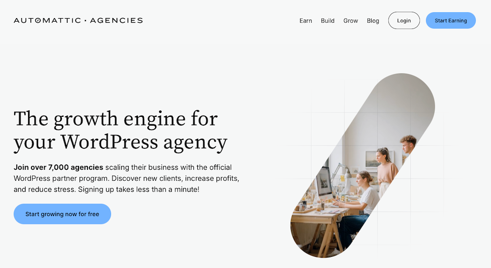 Página de inicio de Automattic for Agencies con el texto «El motor de crecimiento para tu agencia de WordPress»