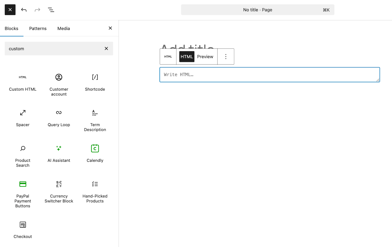 adding a Custom HTML block to the block editor