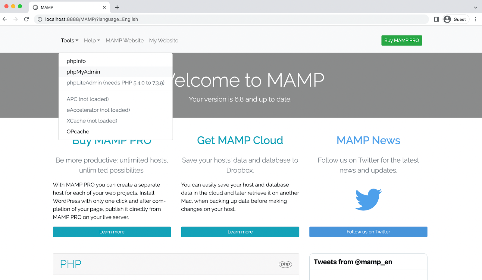 opening the phpMyAdmin page