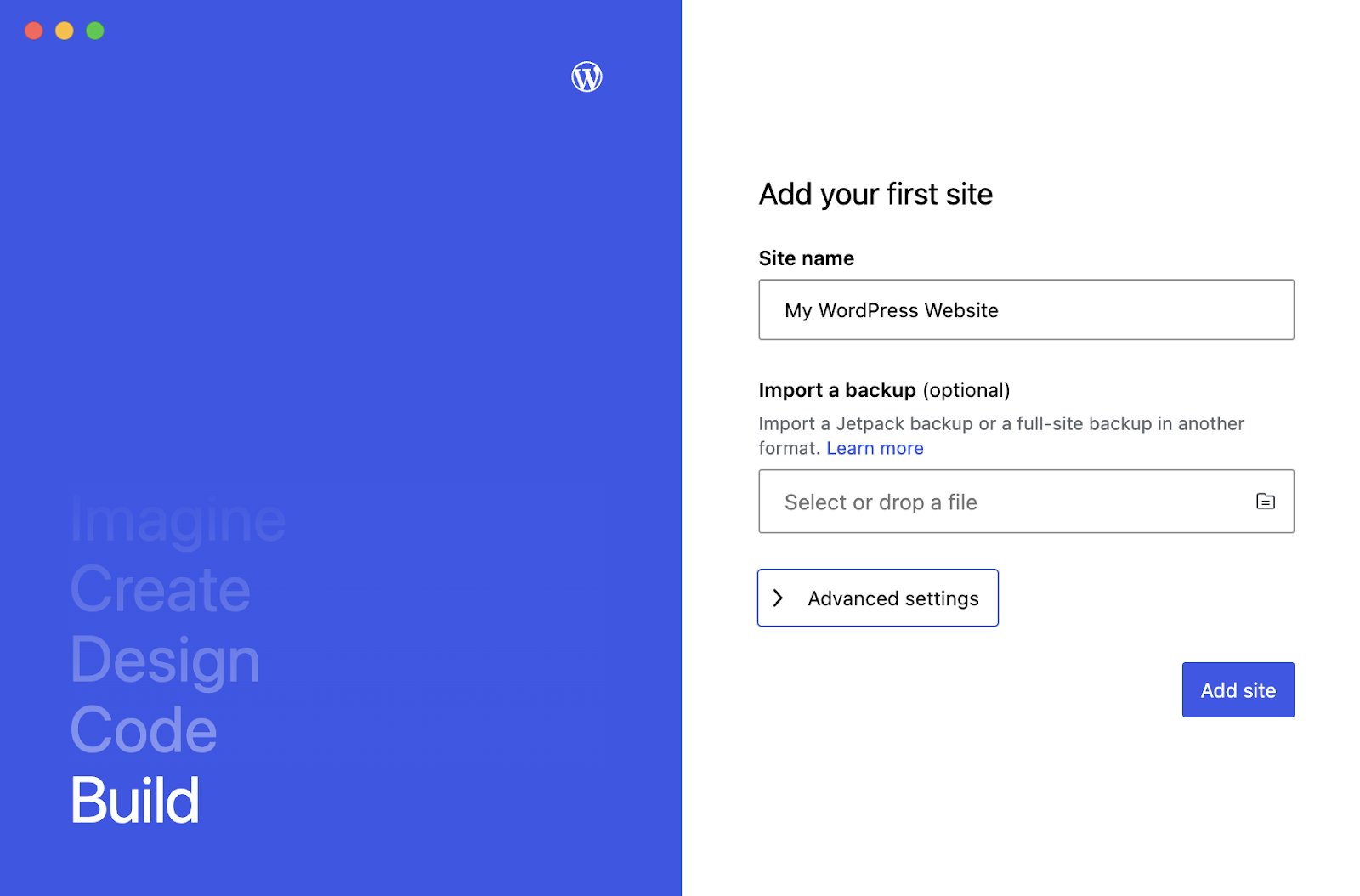 creating a new site with WordPress Studio