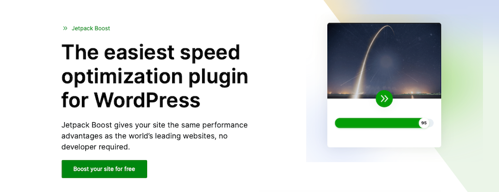 Página de Jetpack Boost con el texto «El plugin de optimización de velocidad más fácil para WordPress»