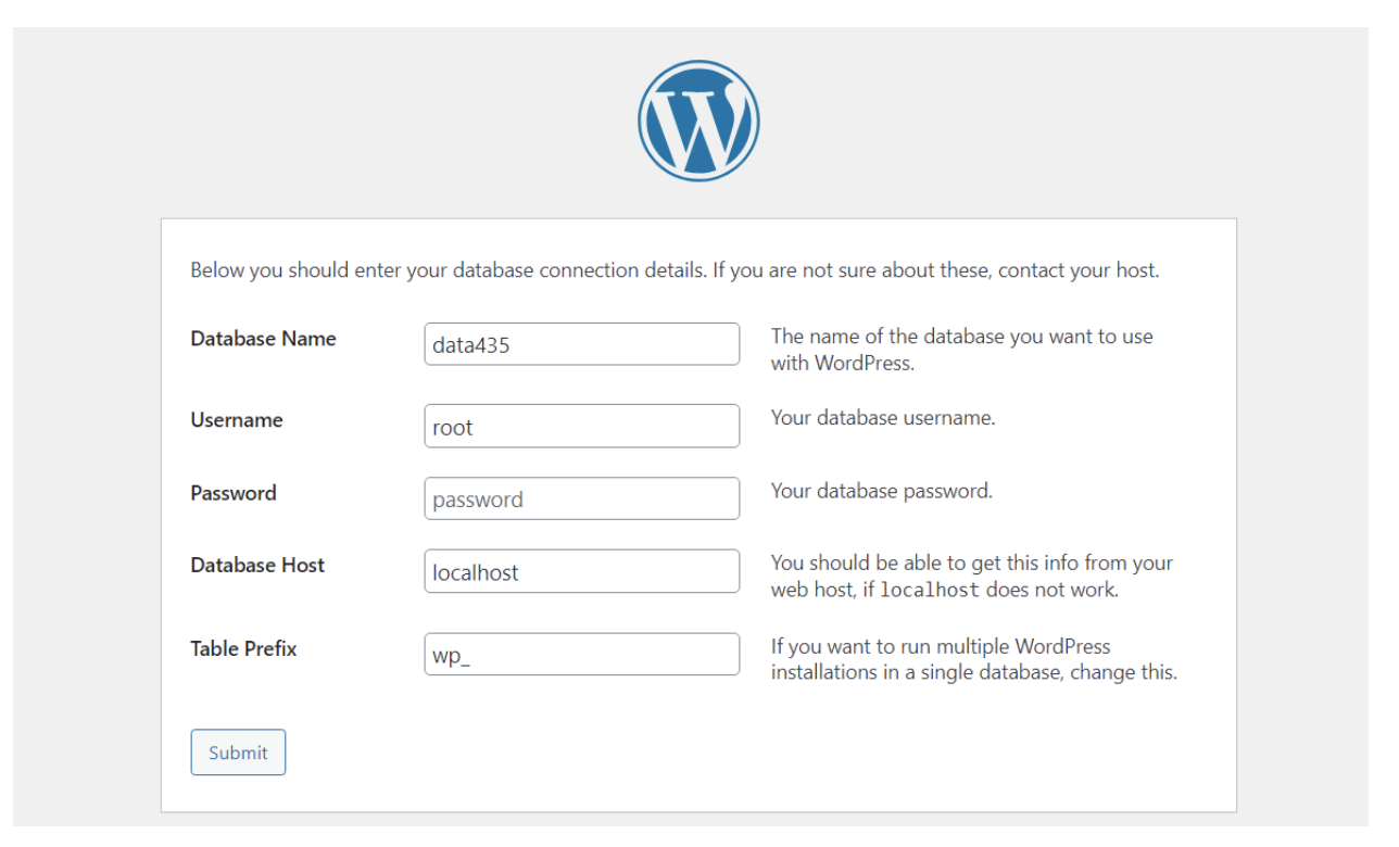 fields for database name, username, password, and more