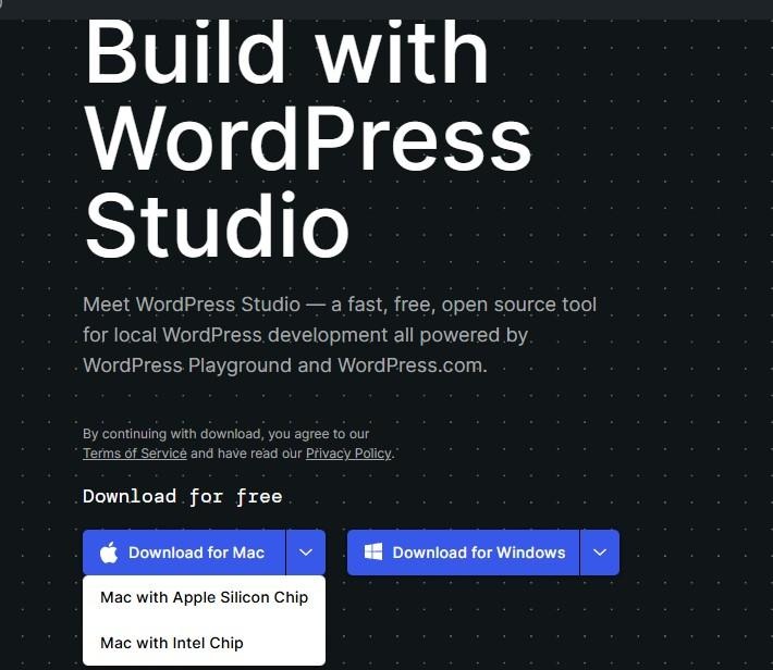 Download for Mac dropdown on the WordPress Studio page