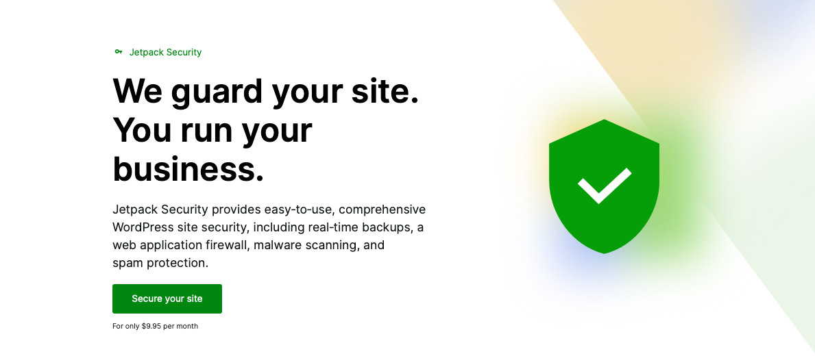 Página de Jetpack Security con el texto «Protegemos tu sitio. Tú diriges tu negocio».