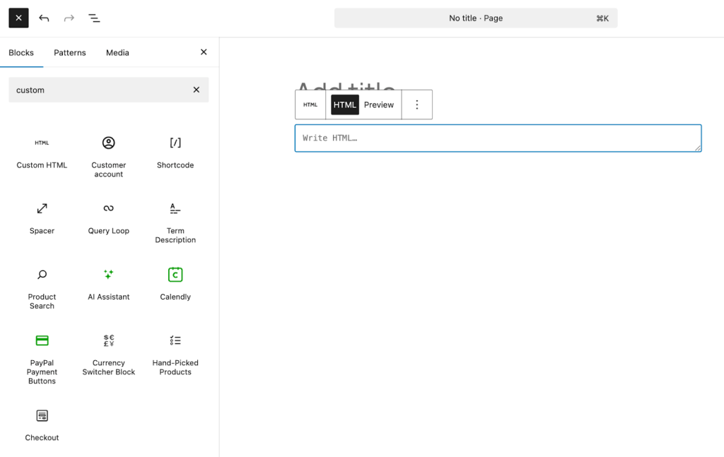 adding a Custom HTML block to the block editor