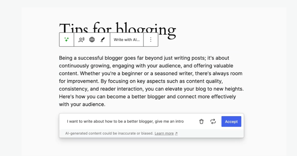 Jetpack AI Assistant in use in the WordPress dashboard