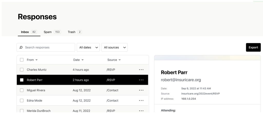responses listed from a form created with Jetpack Forms
