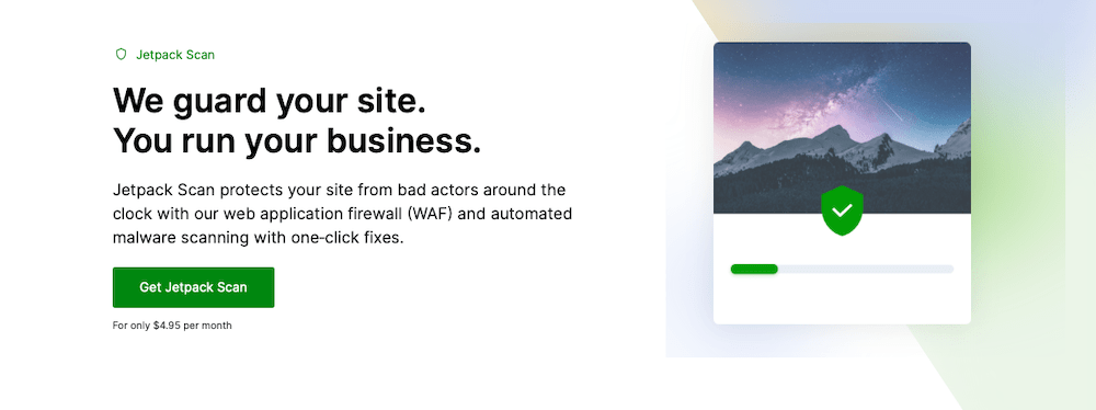Jetpack Scan homepage with the text "We guard your site. You run your business."