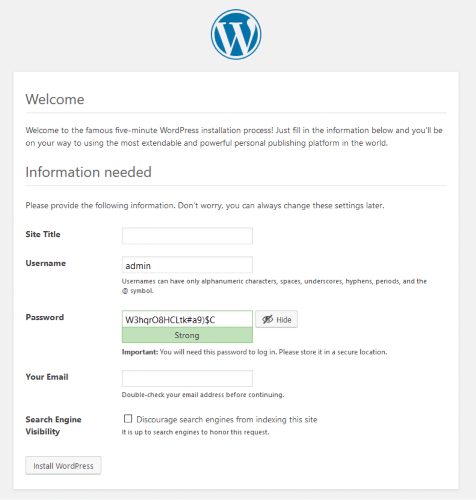 WordPress welcome screen