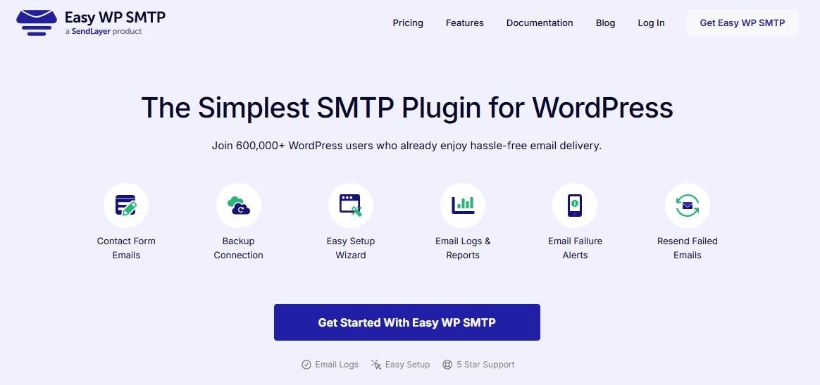 Easy WP SMTP homepage hero section with title, paragraph, and "Get Started With Easy WP SMTP" button.