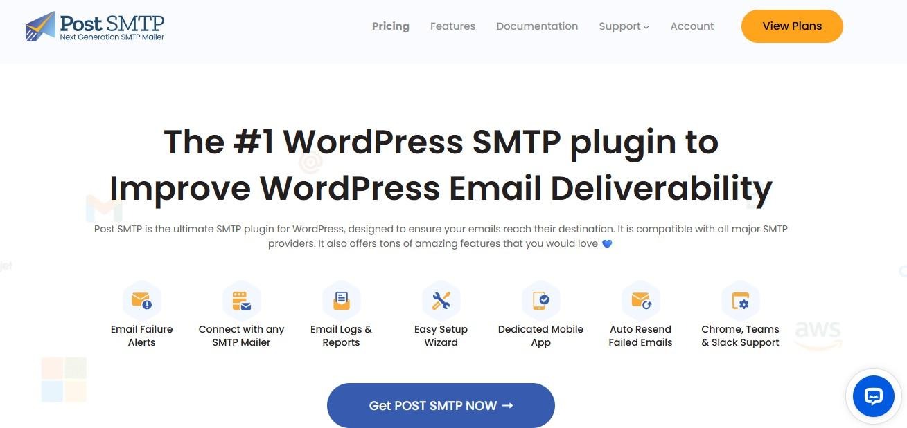 Post SMTP homepage hero section with title, paragraph, and "Get POST SMTP Now" button.