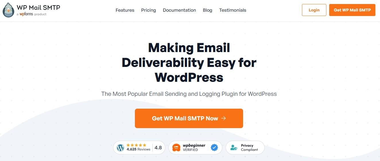 WP Mail SMTP plugin homepage hero section with title, paragraph, and "Get WP Mail SMTP Now" button.