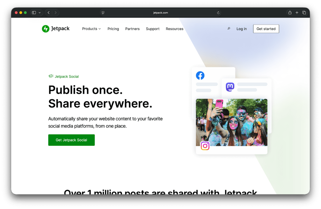 Jetpack Social homepage with the text "Publish Once. Share everywhere."