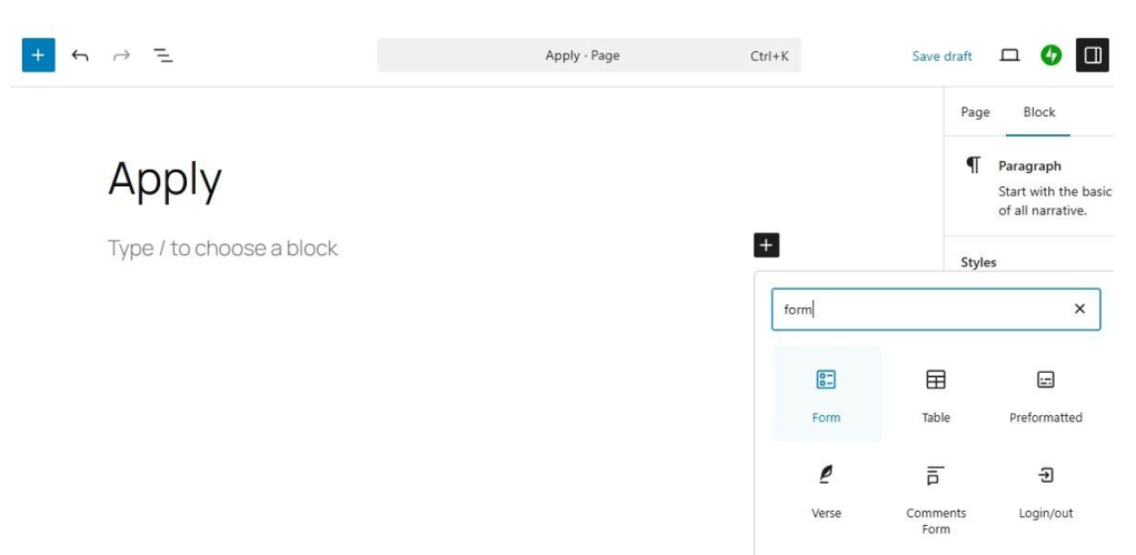 adding a Form block to a page