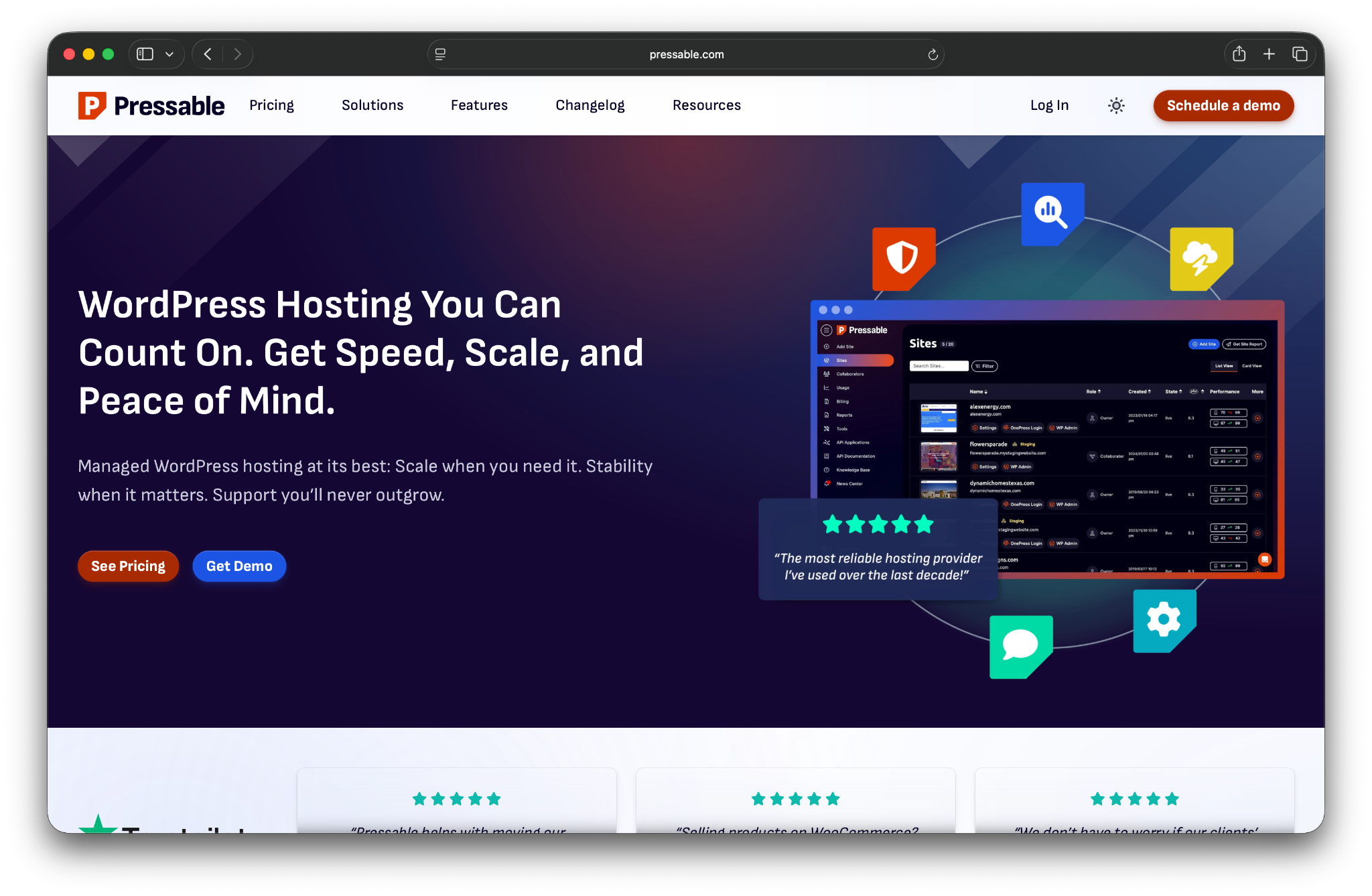 Pressable homepage with the text "WordPress Hosting you Can Count on."