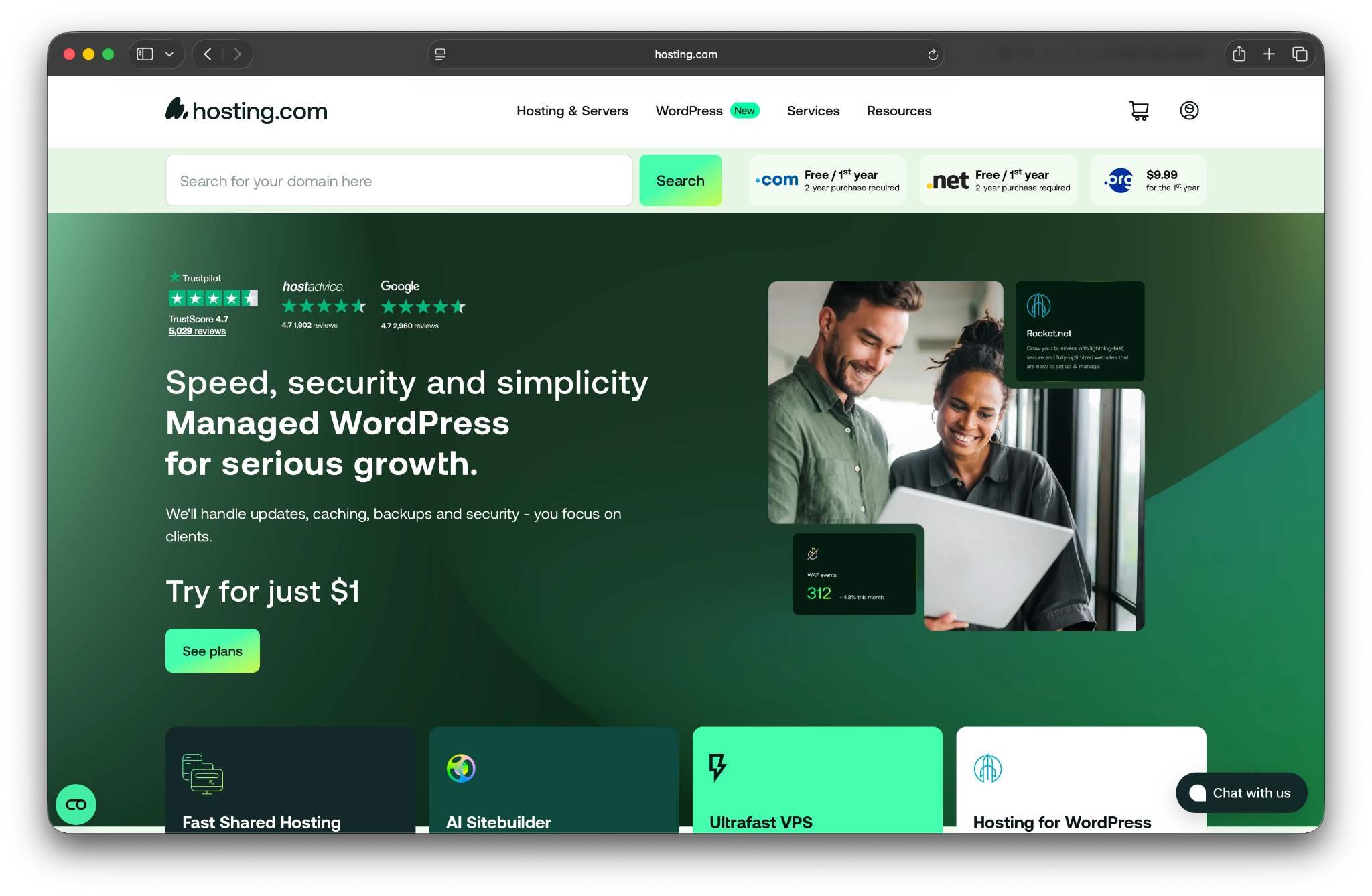 Hosting.com homepage with the text "Speed, security, and simplicity. Managed WordPress for serious growth."