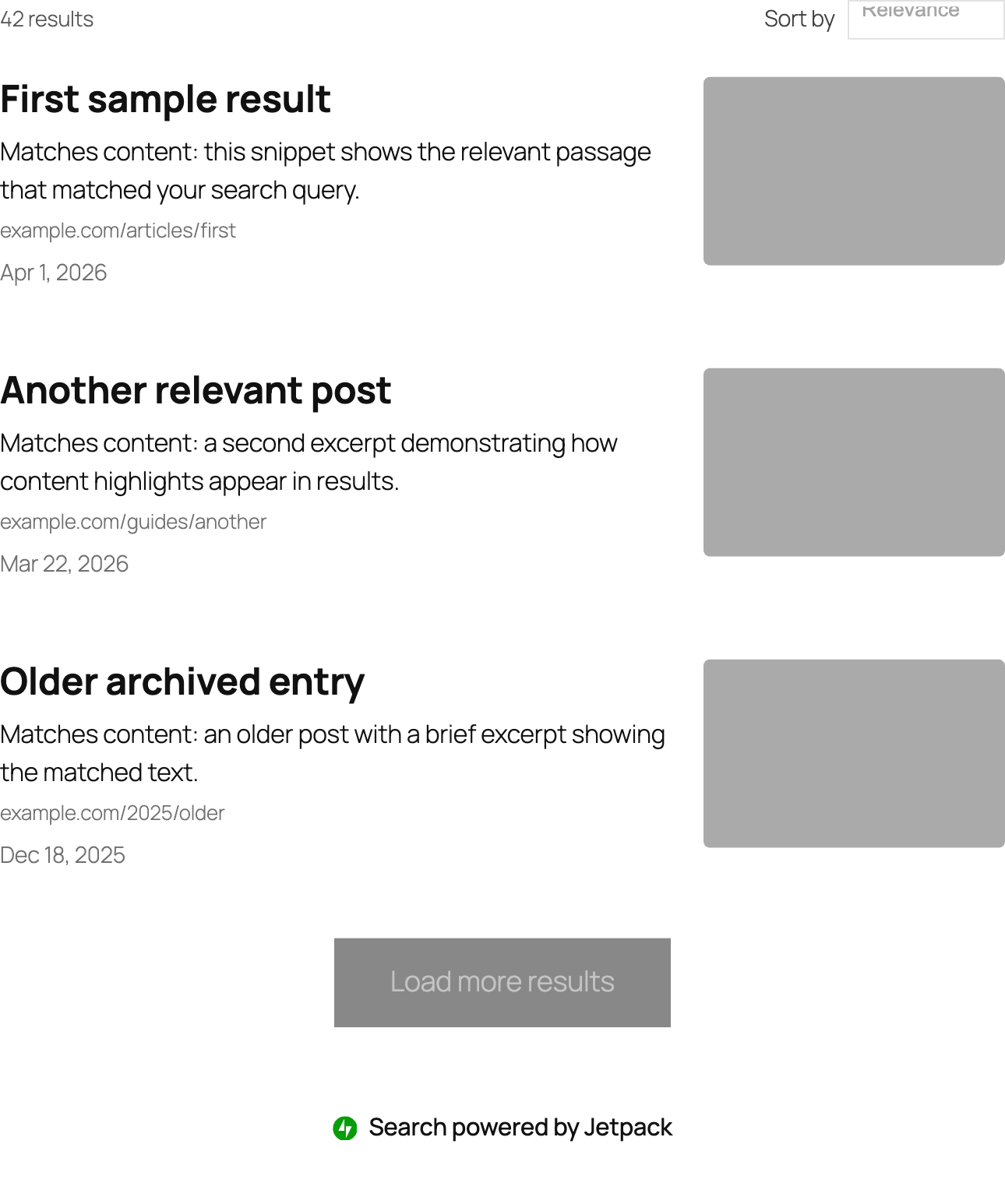 The Search Results block in the block editor, showing the result count, sort control, results list, load more button, and Powered by Jetpack attribution.