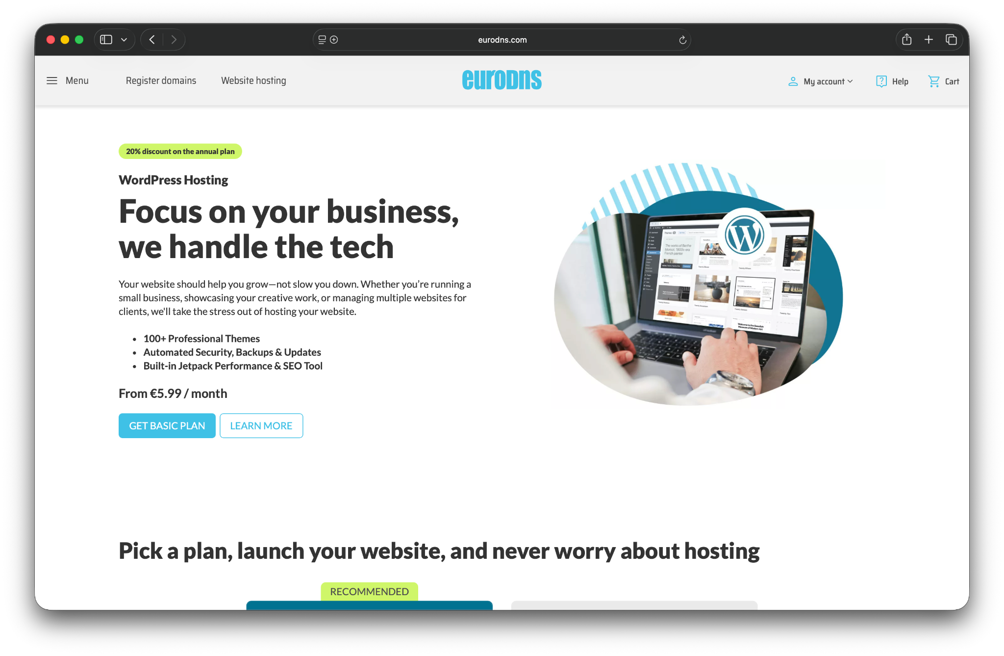 EuroDNS homepage with the text "Focus on your business, we handle the tech"