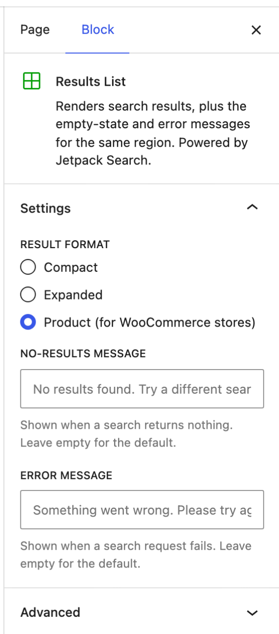 Settings panel showing three Result format options: Compact, Expanded, Product (selected).