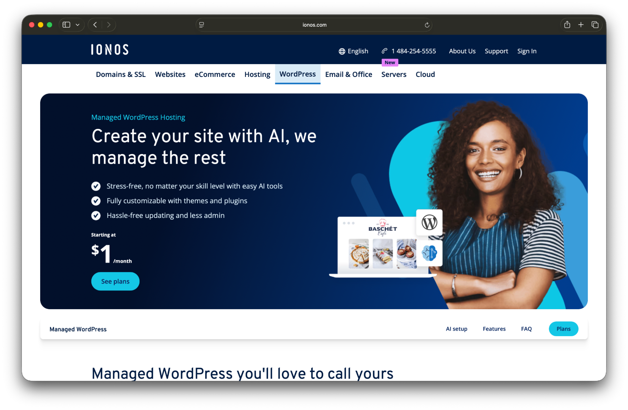 Ionos homepage with plans and FAQs