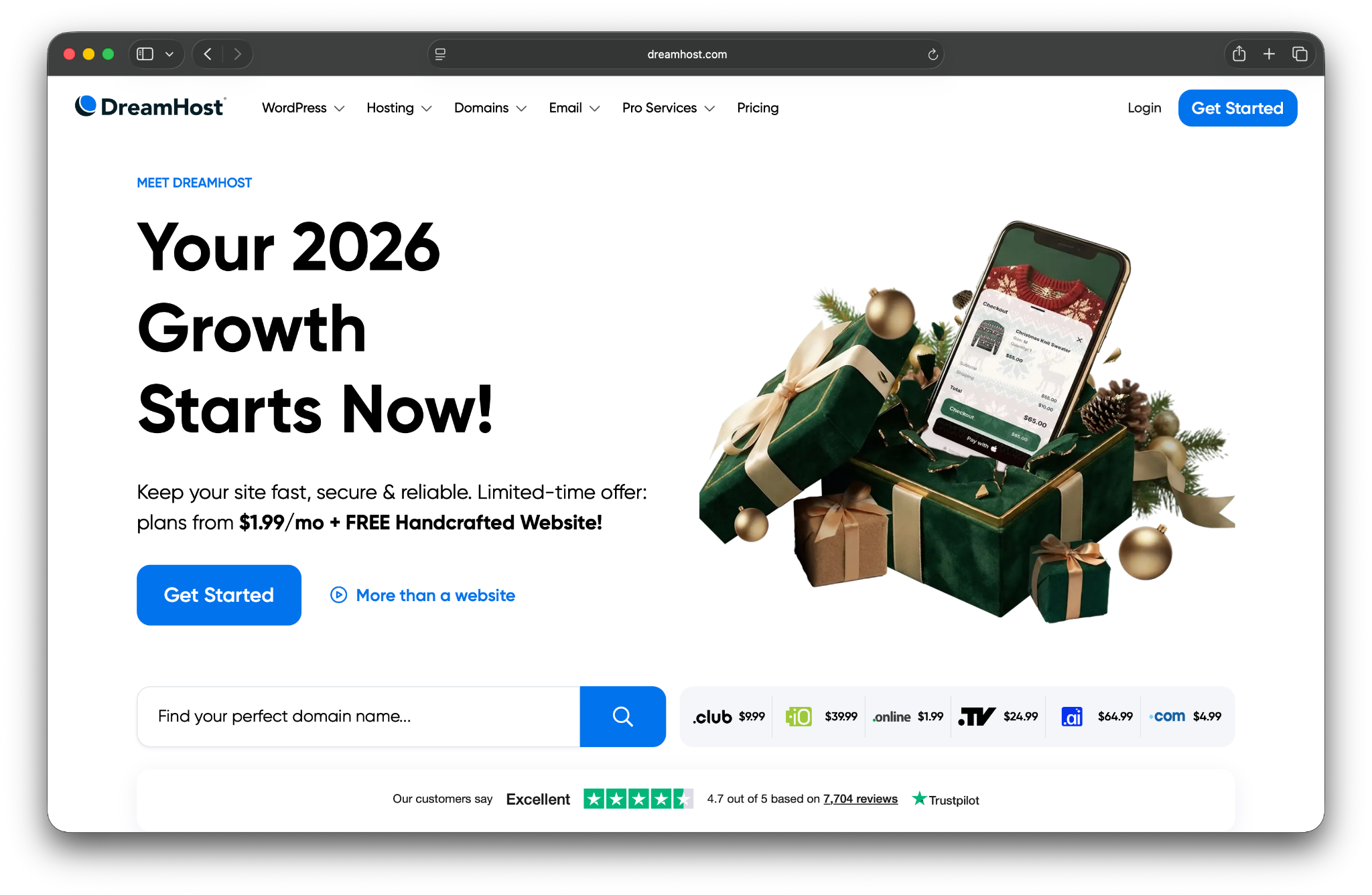 DreamHost homepage with the text "Your 2026 growth starts now!"