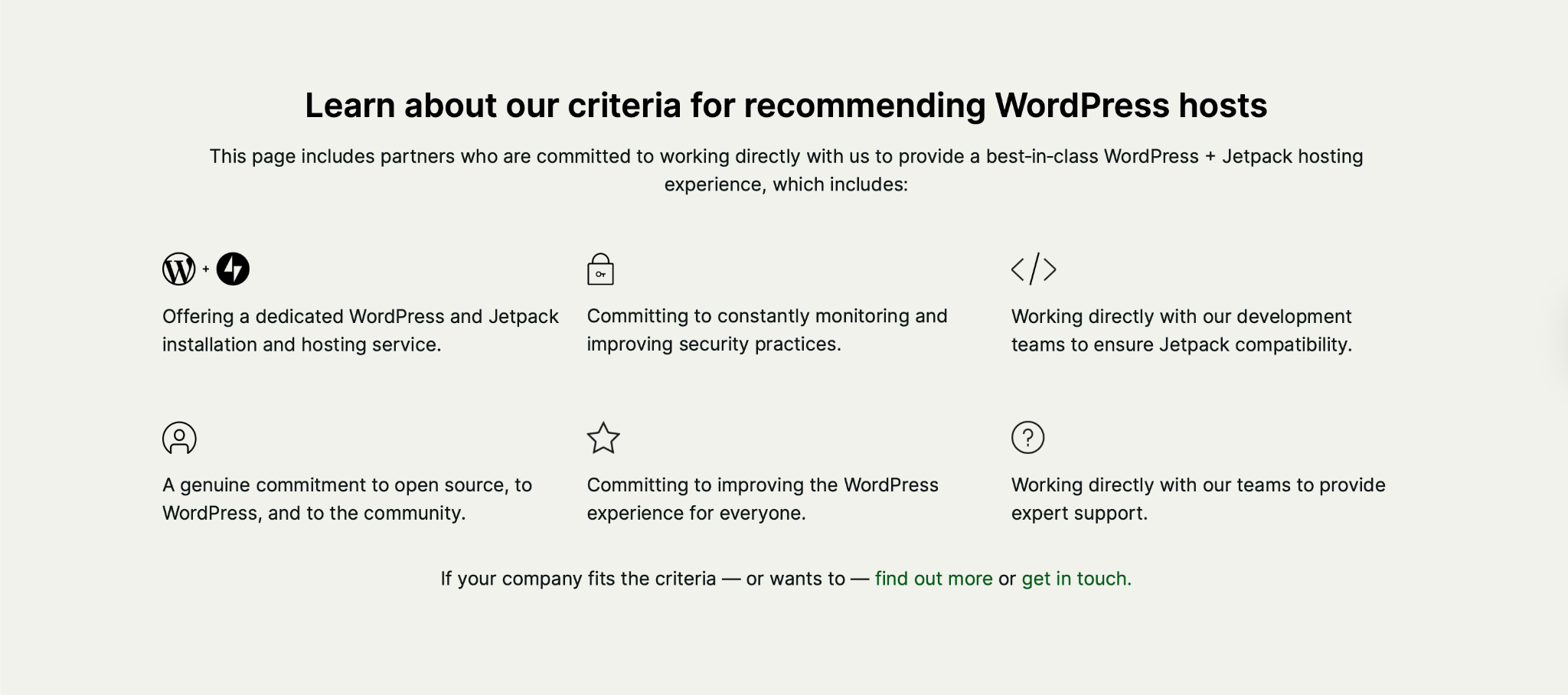 chart with criteria for recommending WordPress hosts