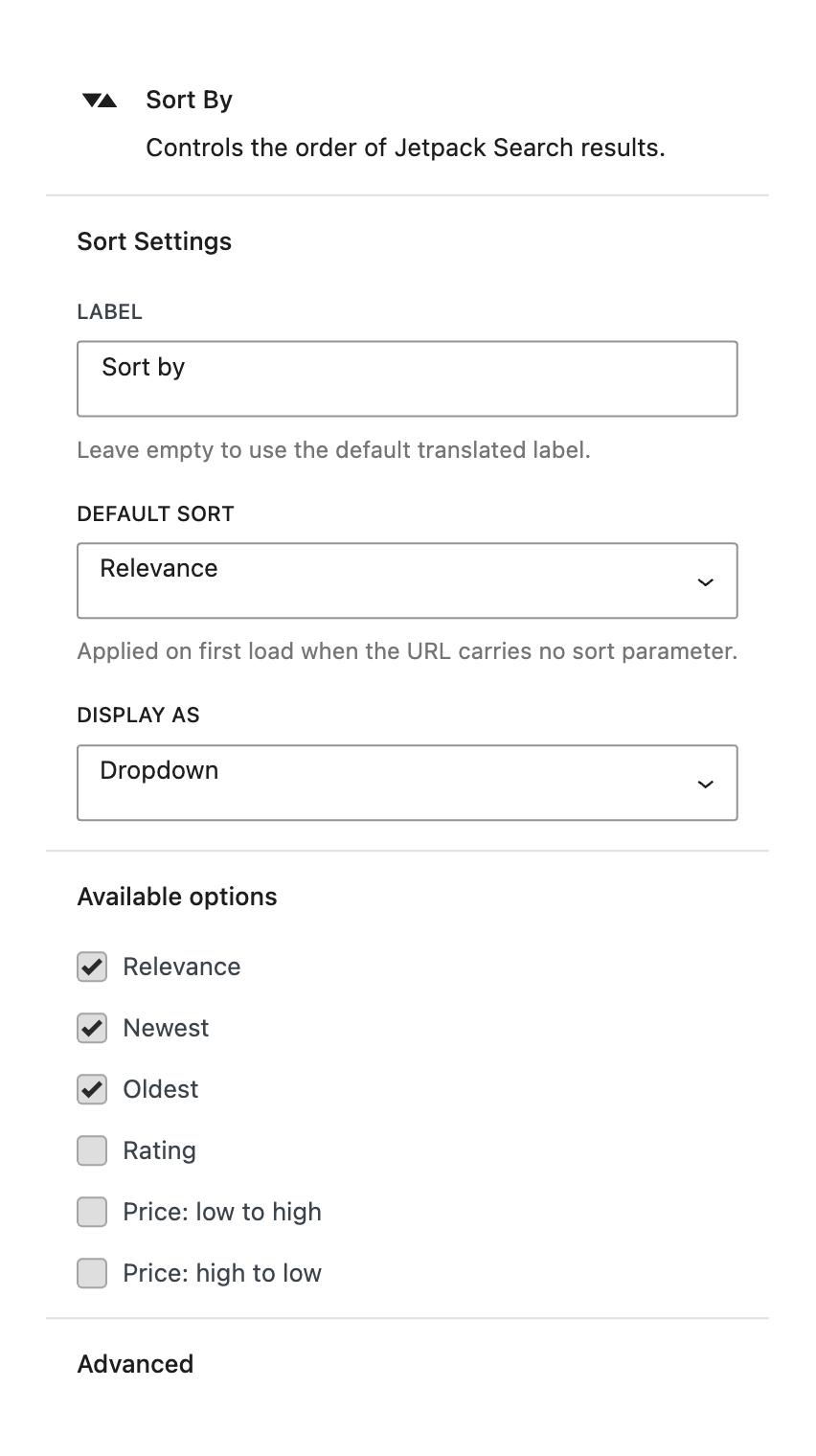 The Sort By block in the block editor, showing the sort control label and the dropdown used to change the order of search results.