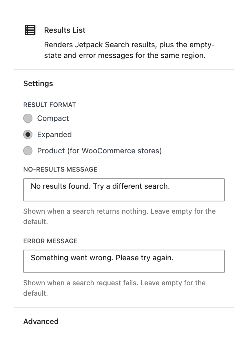 The Results List block in the block editor, displaying individual search result items with thumbnail, title, excerpt, URL path, and date.