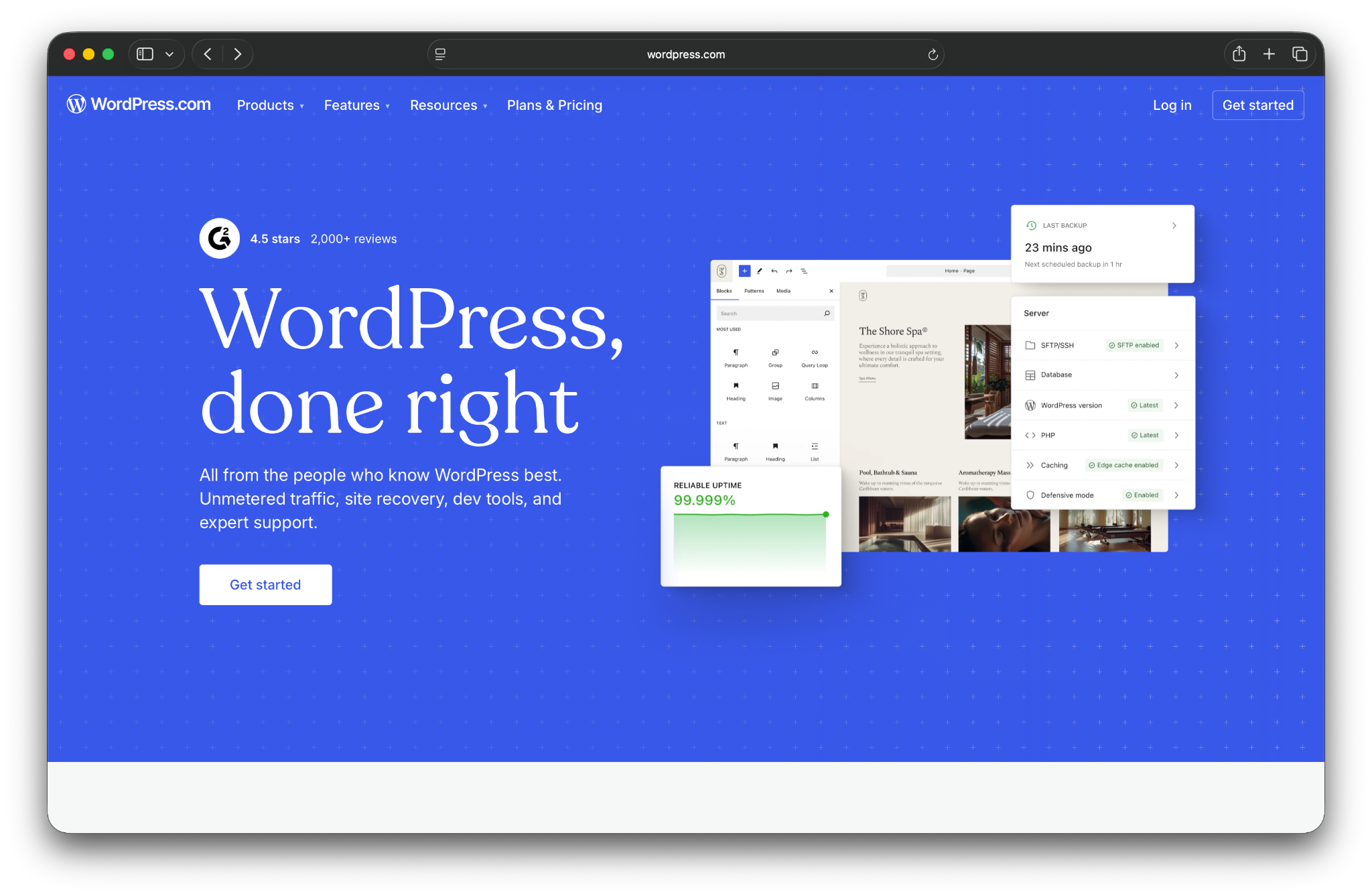 WordPress.com homepage with the text "WordPress, done right"