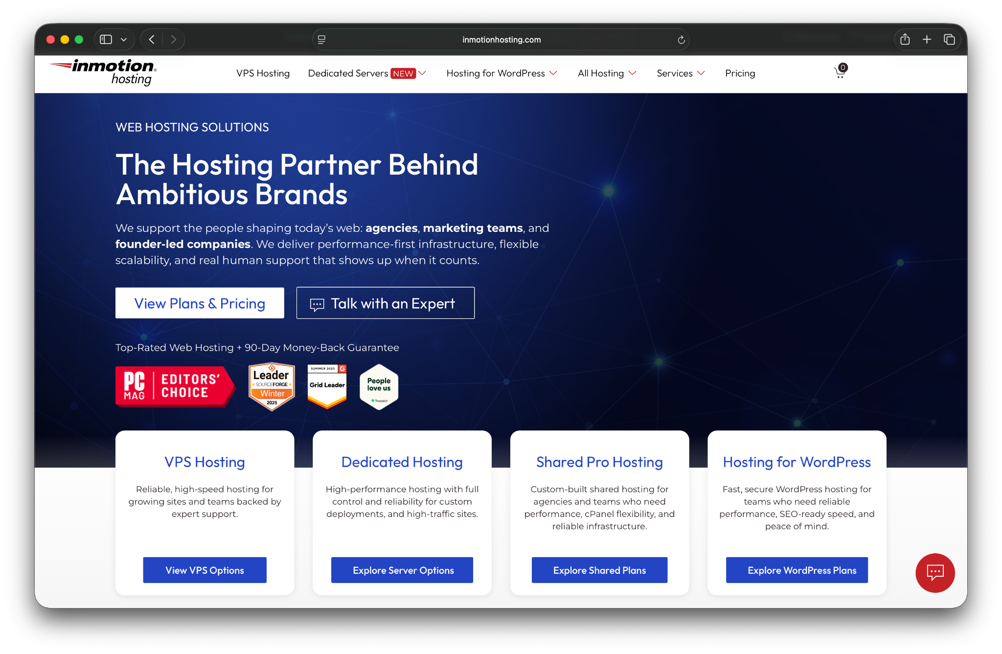 Inmotion Hosting page with the text "The hosting partner behind ambitious brands"