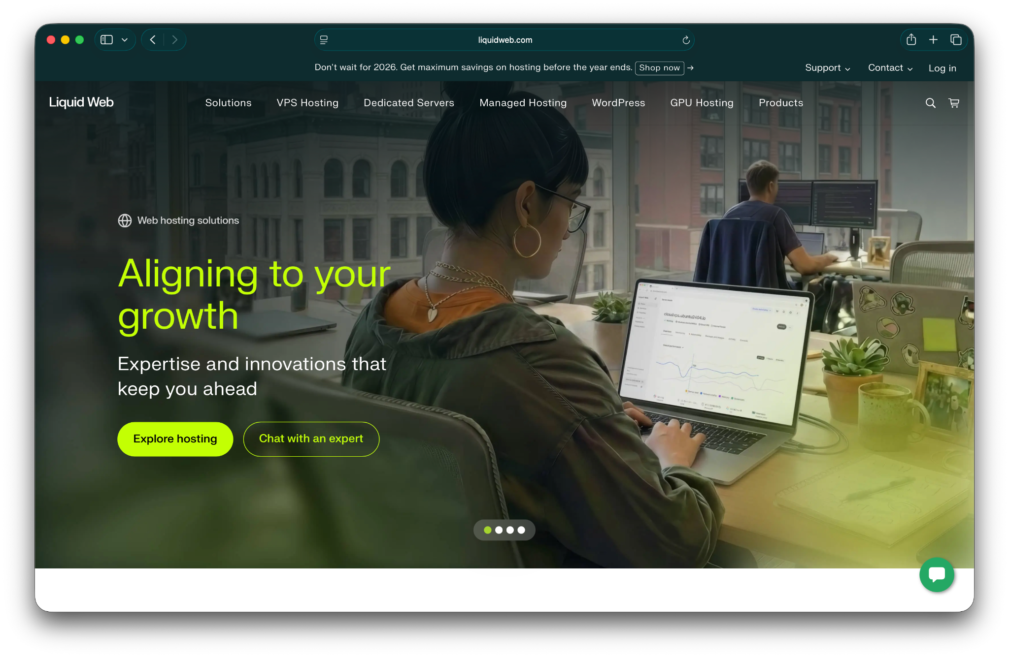 Liquid Web homepage with the text "Aligning to your growth"