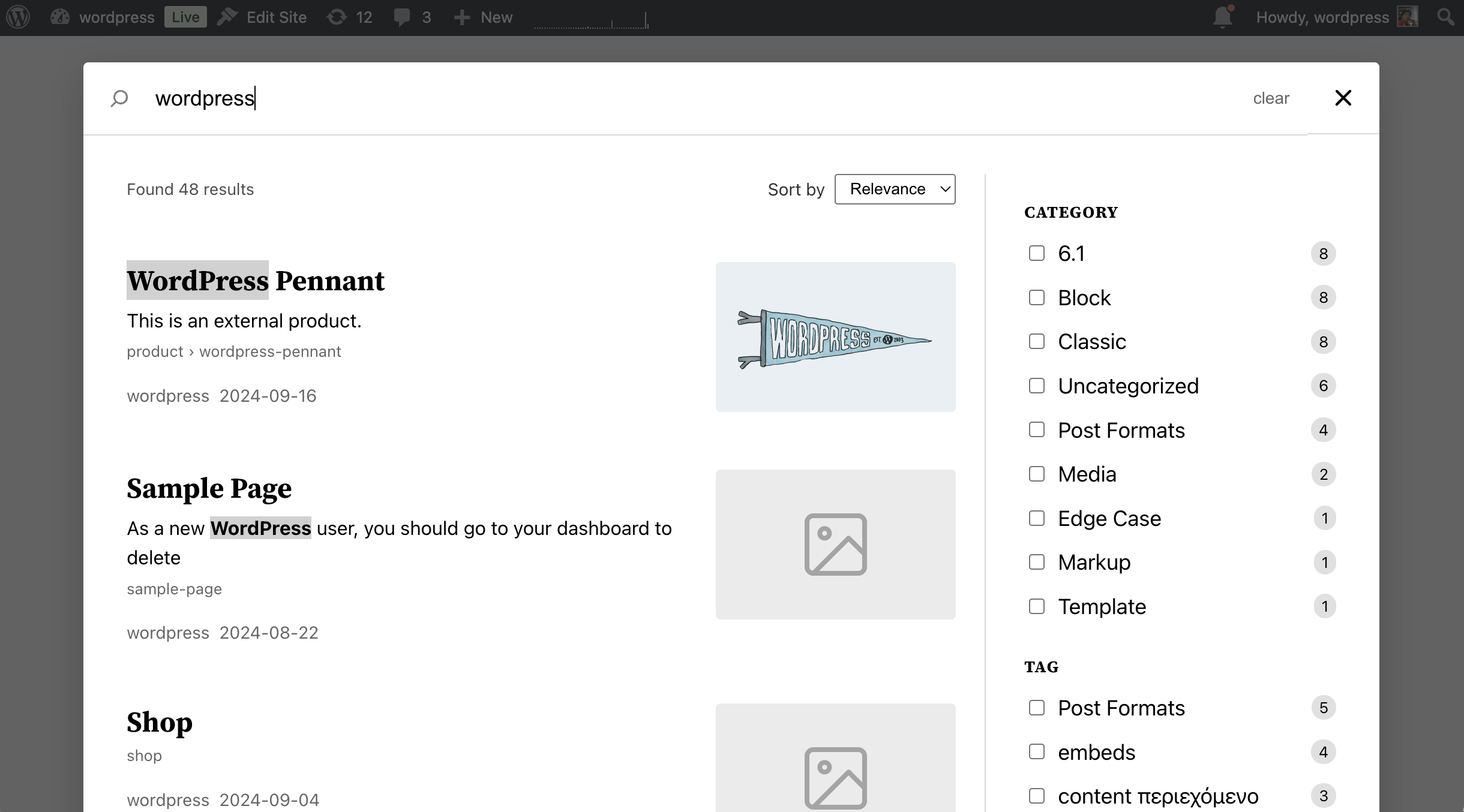 Animated search filters by product type