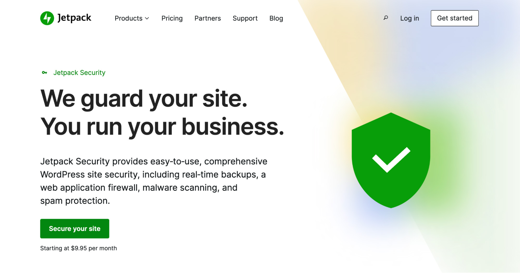 Jetpack Security page with the text "We guard your site. You run your business."