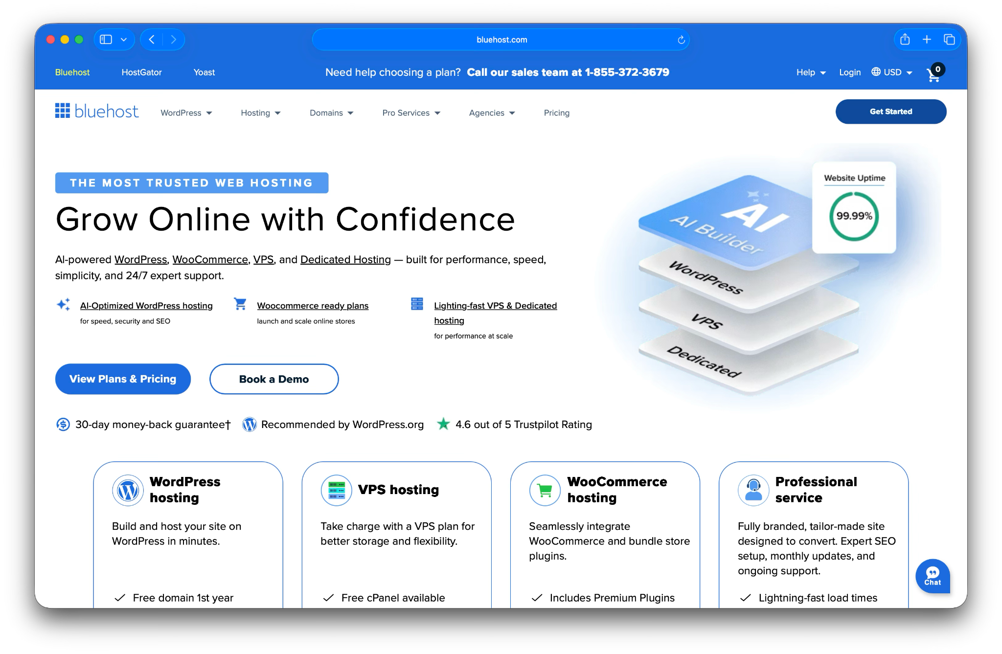 Bluehost homepage with the text "grow online with confidence"