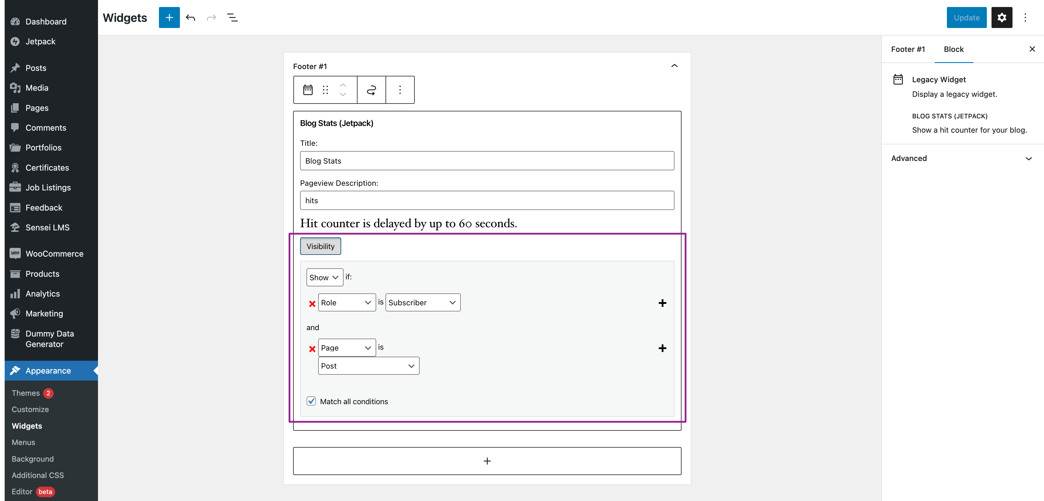 Adding or modifying visibility rules for the legacy Blog Stats Jetpack widget, as an example.