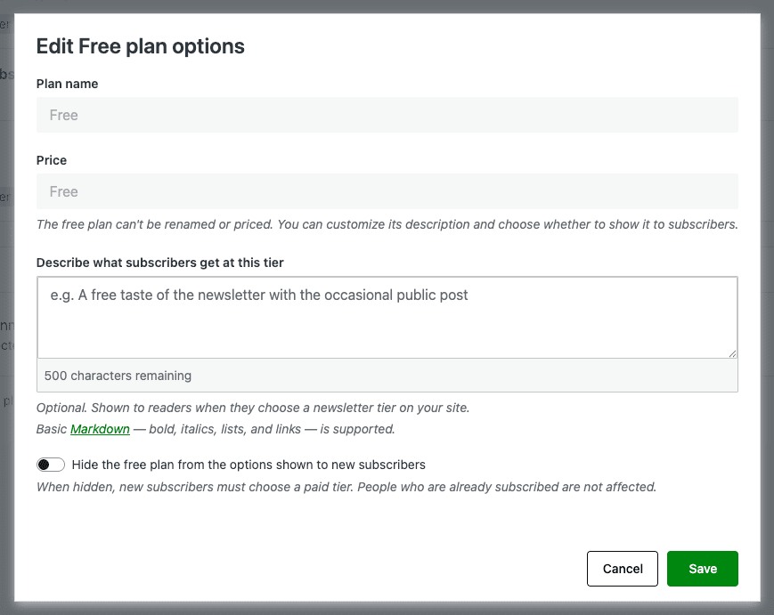 Free tier edit options in the Payment Settings tab